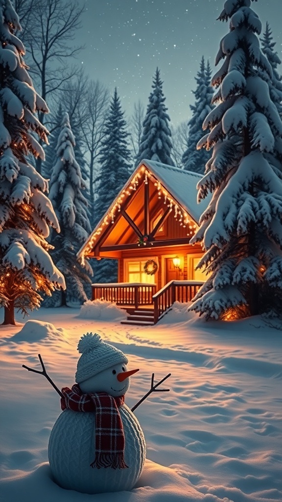 A cozy cabin in a snowy landscape, decorated for Christmas with lights and a snowman.